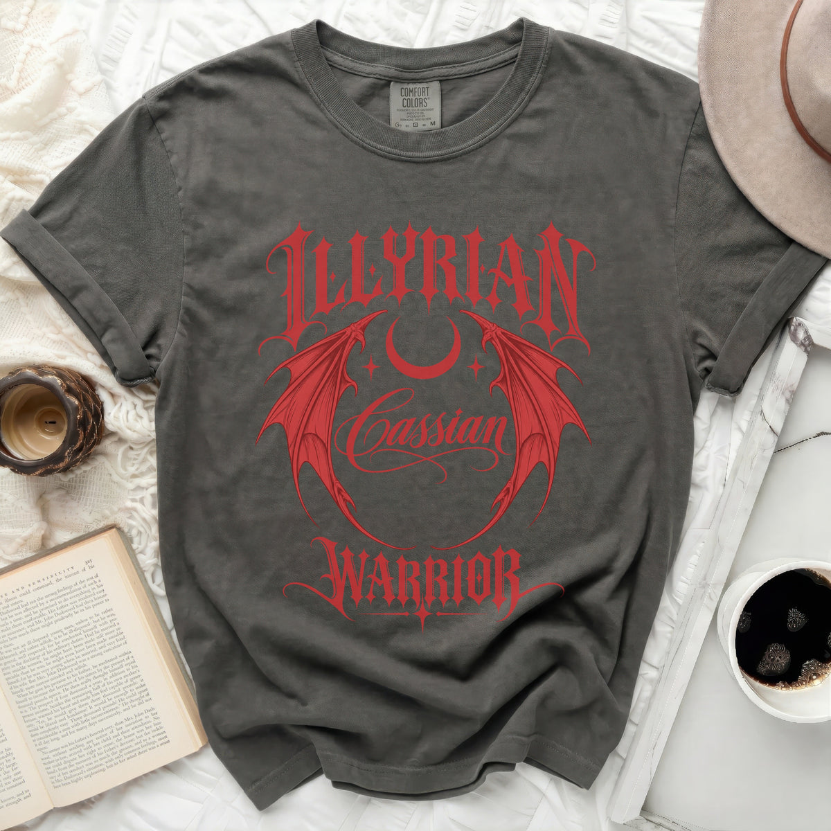 Charcoal t-shirt with red "Illyrian Cassian Warrior" gothic font design.