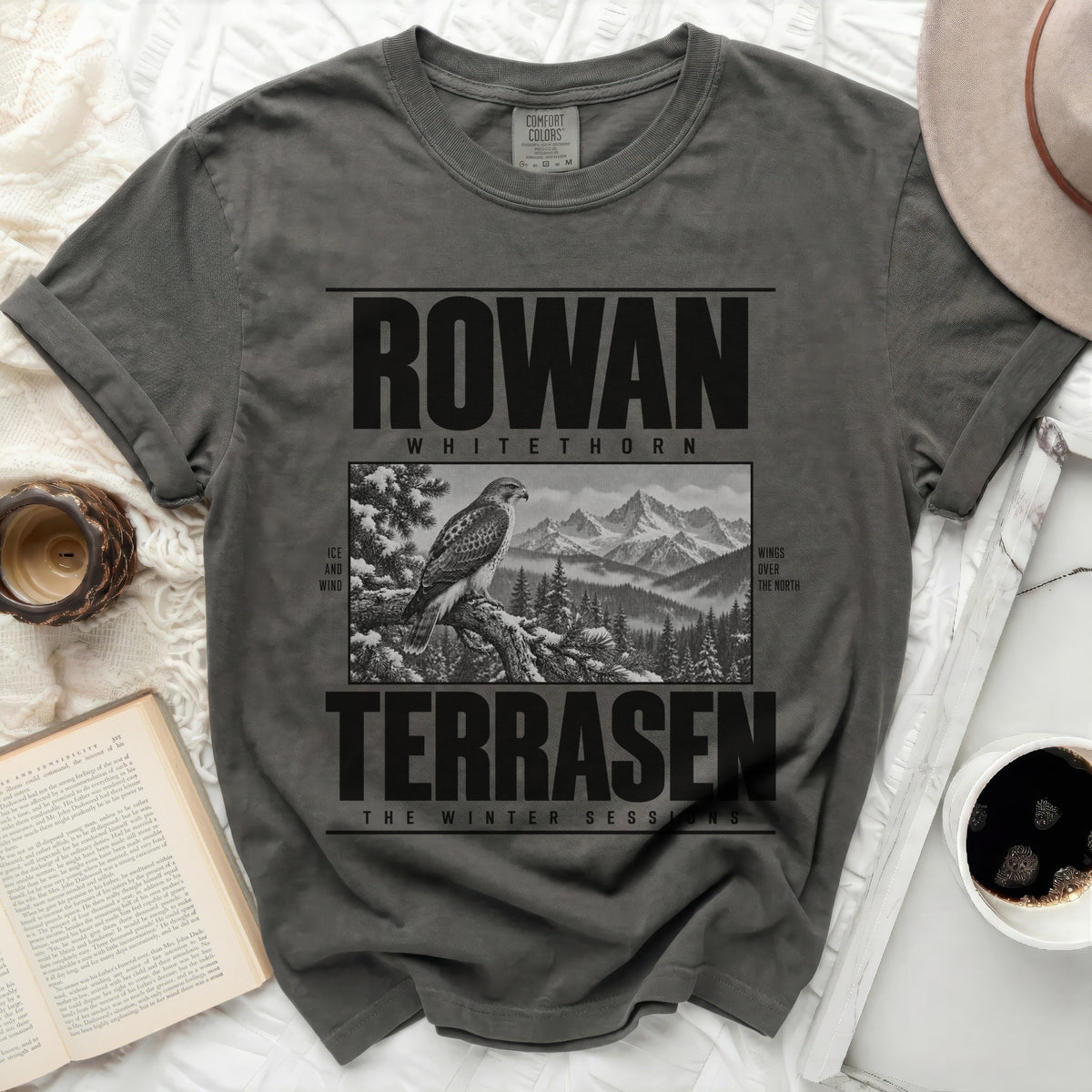 Grey t-shirt with "ROWAN WHITETHORN TERRASEN THE WINTER SESSIONS" text and hawk illustration.