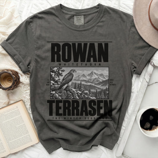 Grey t-shirt with "ROWAN WHITETHORN TERRASEN THE WINTER SESSIONS" text and hawk illustration.