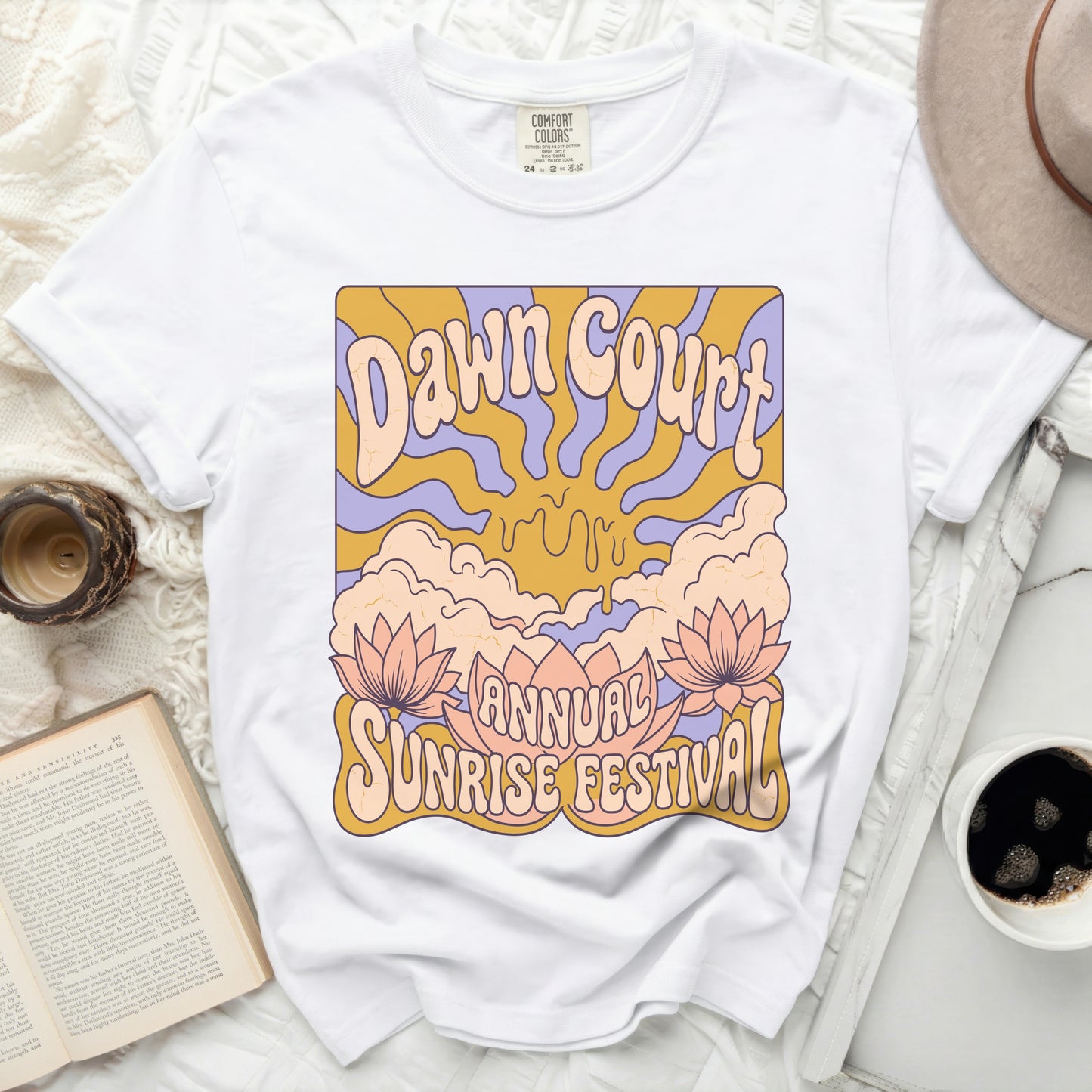 White t-shirt with "Dawn Court Annual Sunrise Festival" graphic.