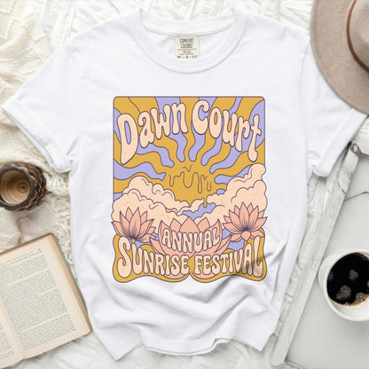 White t-shirt with "Dawn Court Annual Sunrise Festival" graphic.