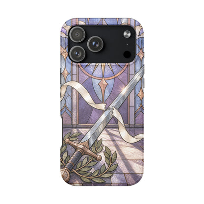 A phone case featuring a fantasy-style sword, white ribbon, and laurel wreath against a stained glass background.