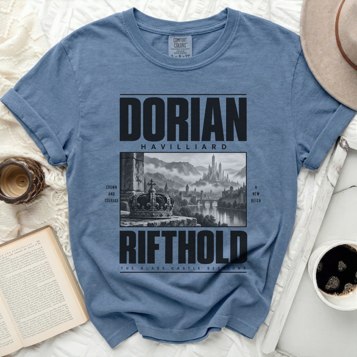 Blue t-shirt with "Dorian Havilliard" and "Rifthold" text with castle graphic.