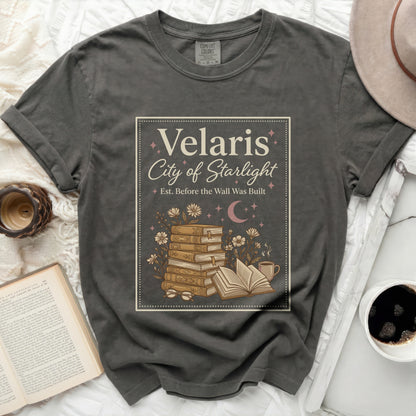 Velaris City of Starlight graphic t-shirt with books and coffee design.