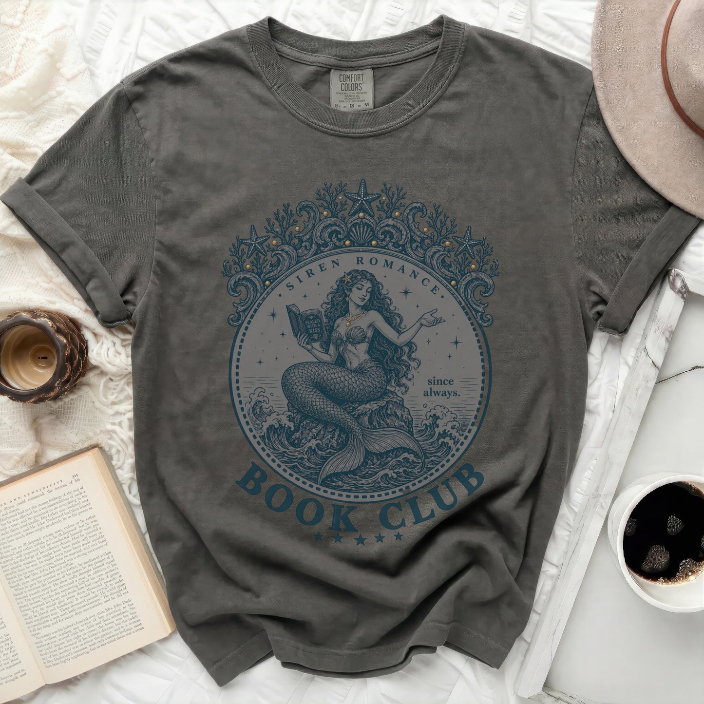Dark gray t-shirt with siren romance book club graphic.