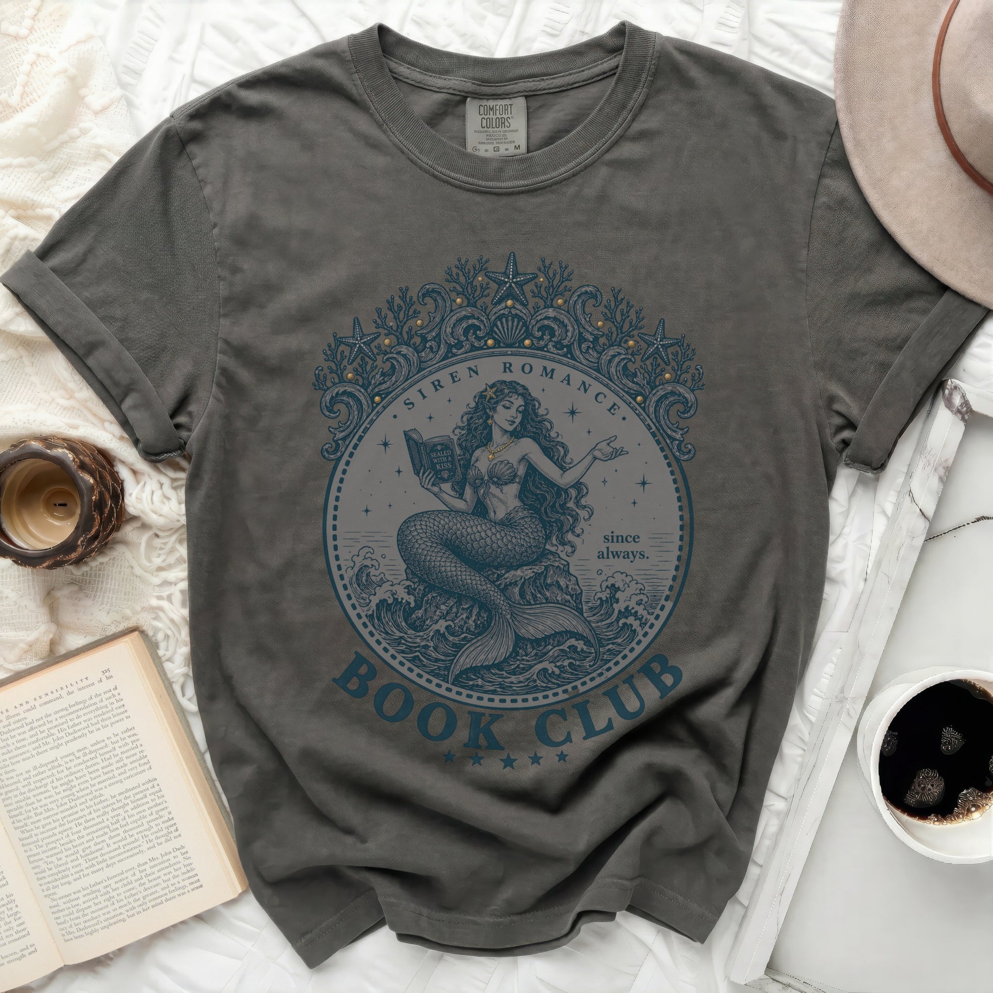Dark gray t-shirt with siren romance book club graphic.