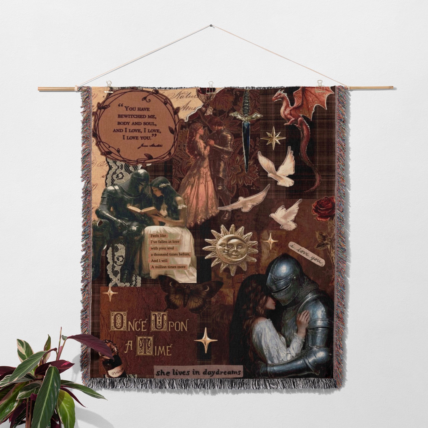 The image is a tapestry hanging on a wall, featuring various elements such as a knight in armor, a dragon, and a couple embracing. The tapestry also includes text and imagery related to a fairy tale or fantasy theme.