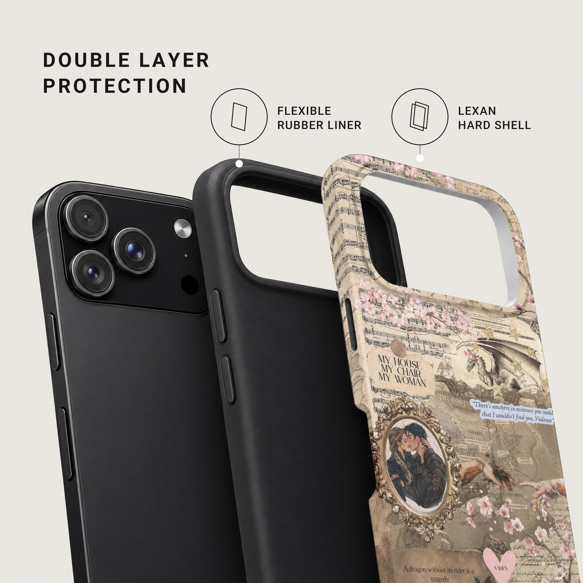 Exploded view of a phone case showing a black smartphone, a flexible rubber liner, and a patterned hard shell.