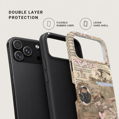 Exploded view of a phone case showing a black smartphone, a flexible rubber liner, and a patterned hard shell.