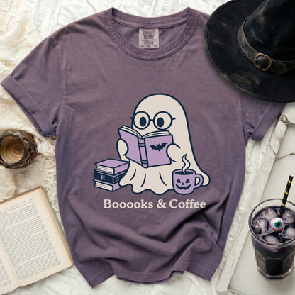 Ghost reading a book with coffee, text "Booooks & Coffee".