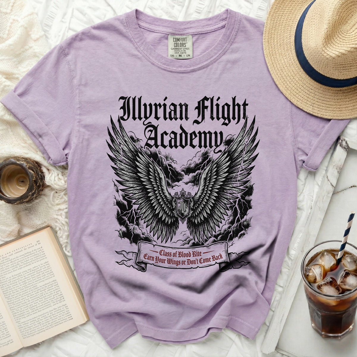 Purple t-shirt with Illyrian Flight Academy, wings, and banner graphic.