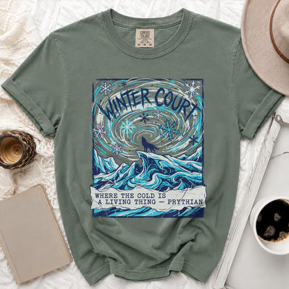 Green t-shirt with "Winter Court Where the Cold is a Living Thing - Prythian" text and wolf.