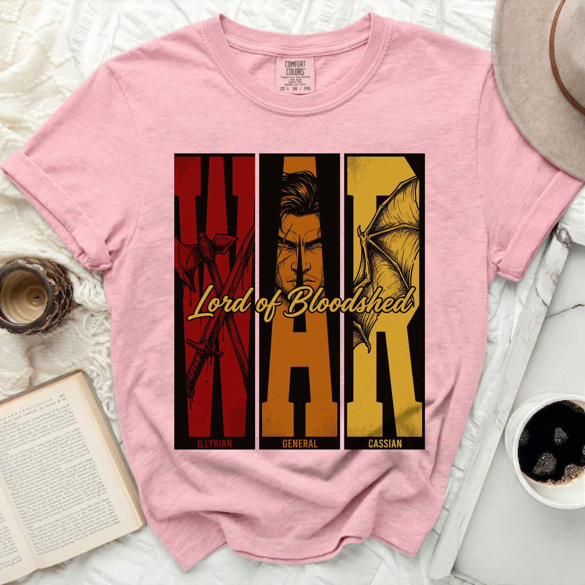 Pink t-shirt with "Lord of Bloodshed" and three panels: Illyrian, General, Cassian.