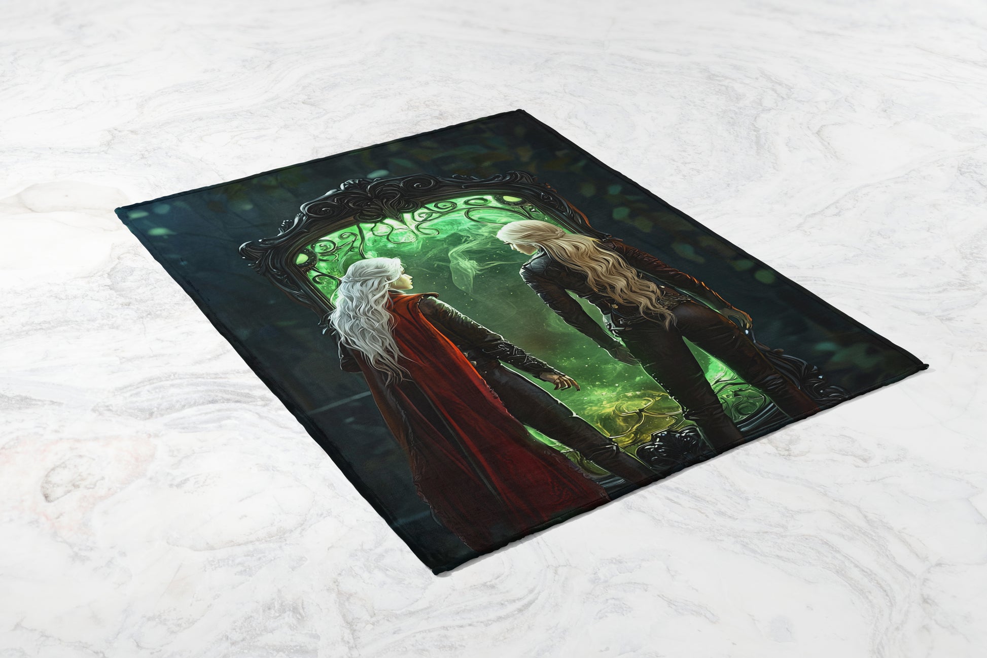 Fantasy Artwork with Two Figures and Green Portal Blanket