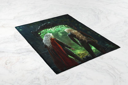 Fantasy Artwork with Two Figures and Green Portal Blanket