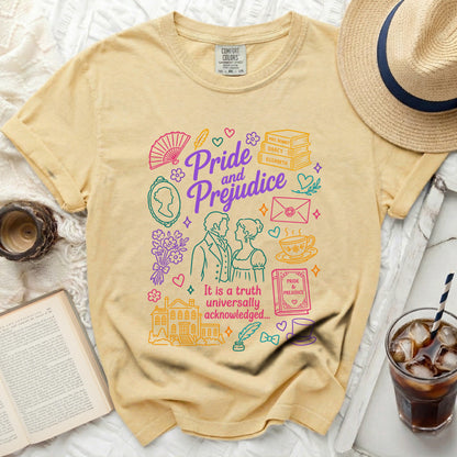 Yellow t-shirt with "Pride and Prejudice" and line art illustrations.