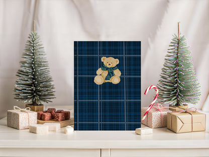 Plaid Blue Scrapbook with Cute Teddy Bear Design