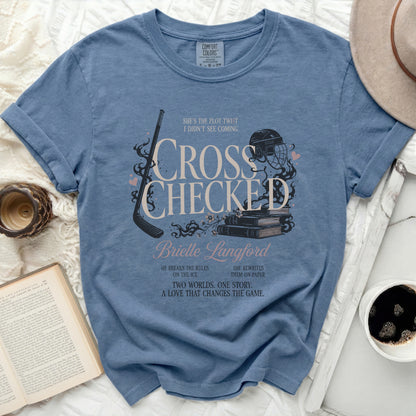 Blue Comfort Colors t-shirt with "Cross Checked" book cover design.