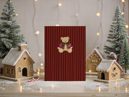 Festive Teddy Bear Striped Greeting Card for Holiday