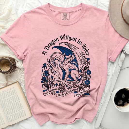 Pink t-shirt with a dragon and floral design, and text "A Dragon Without Its Rider is a Tragedy. The Bond Endures. Fourth Wing."