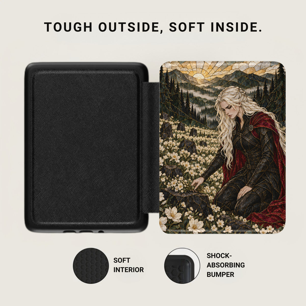 Black case with stained glass-style artwork of a woman in a field.