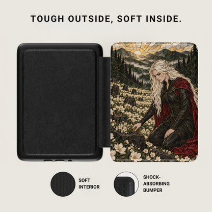 Black case with stained glass-style artwork of a woman in a field.