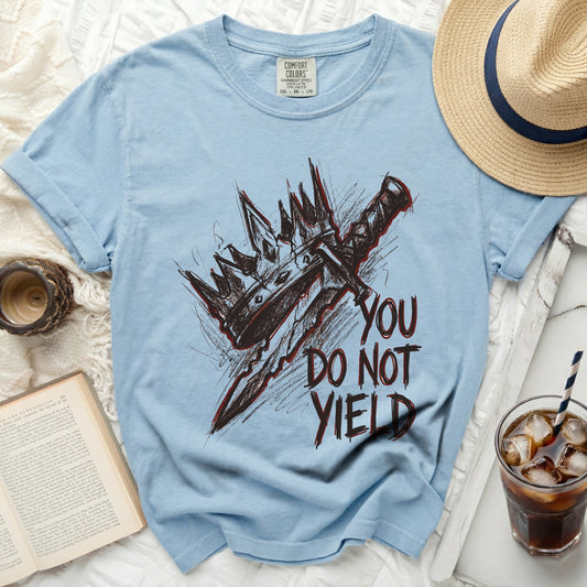 Light blue t-shirt with a black and red graphic of a crown and sword, and text.