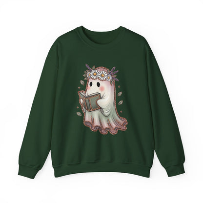 Cute Ghost Reading a Book with Flower Crown Graphic Sweatshirt - MagicMerchEmporium