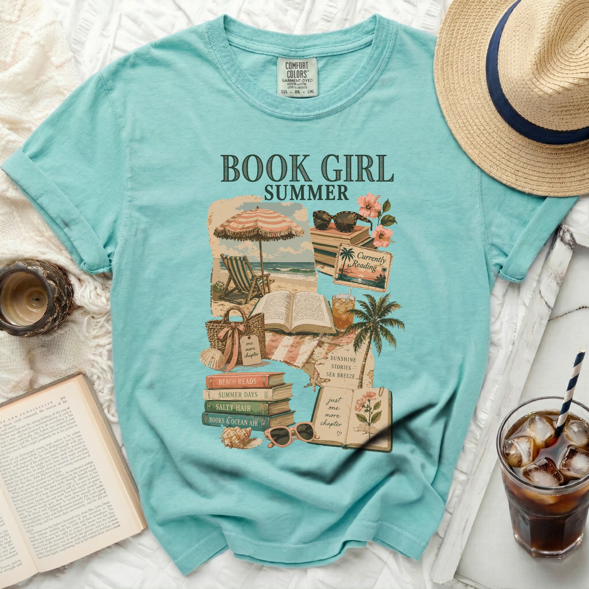 Aqua t-shirt with "Book Girl" and summer reading graphics.