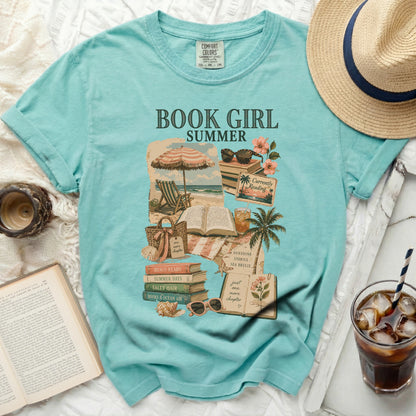 Aqua t-shirt with "Book Girl" and summer reading graphics.