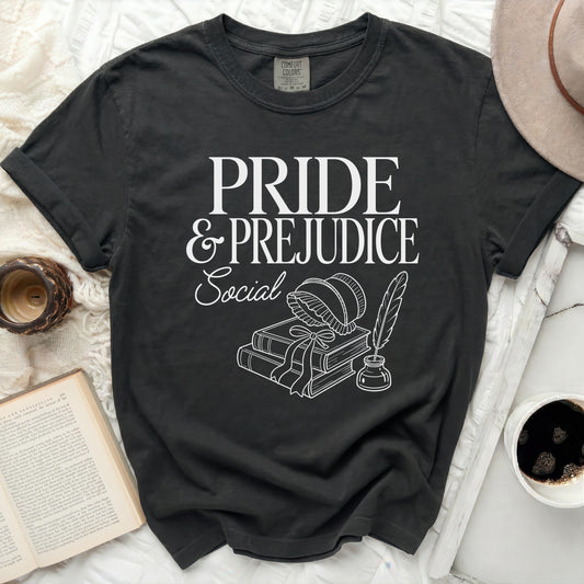 Black Comfort Colors t-shirt with "Pride & Prejudice Social" and book graphic.