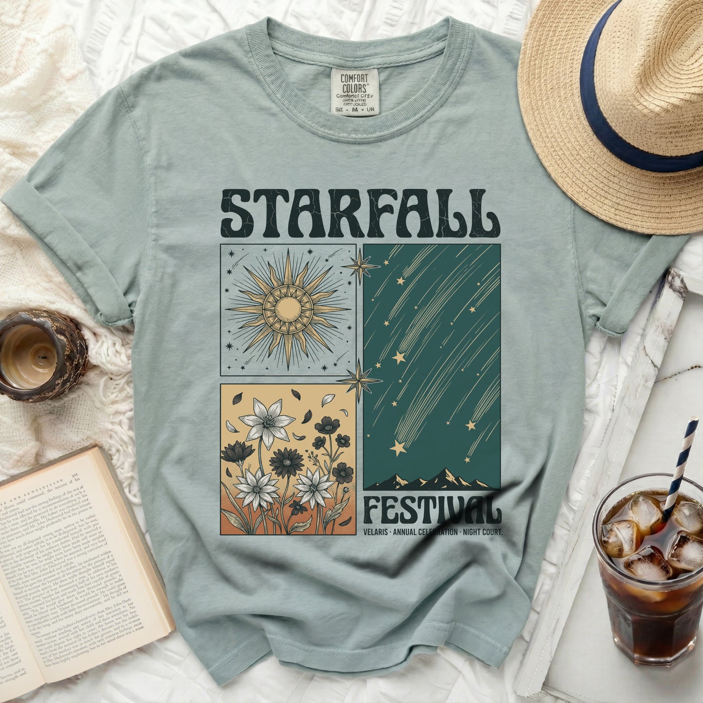 Light blue t-shirt with "STARFALL FESTIVAL" graphic and celestial designs.