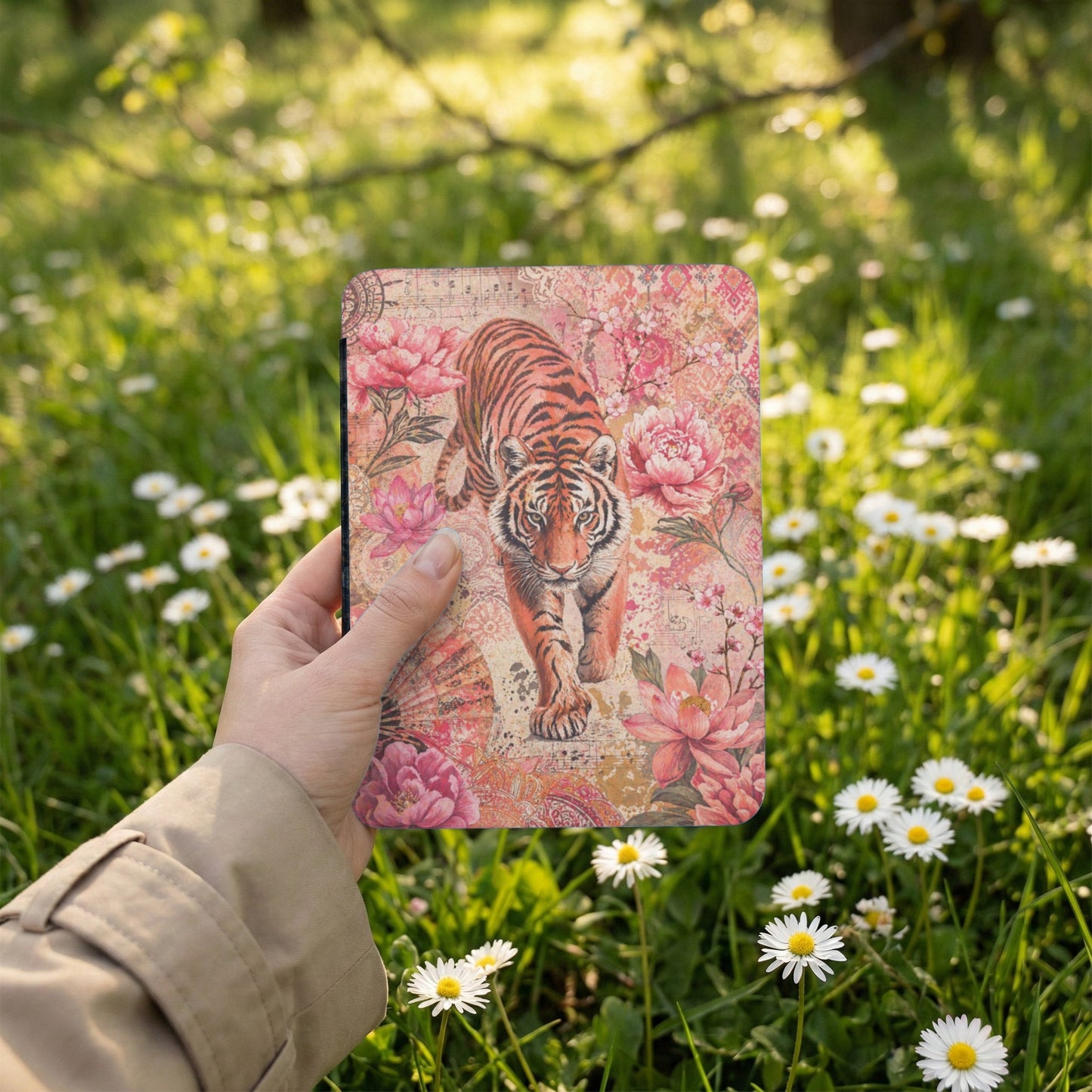 Tiger with floral pattern on a cover held in a hand, surrounded by daisies.