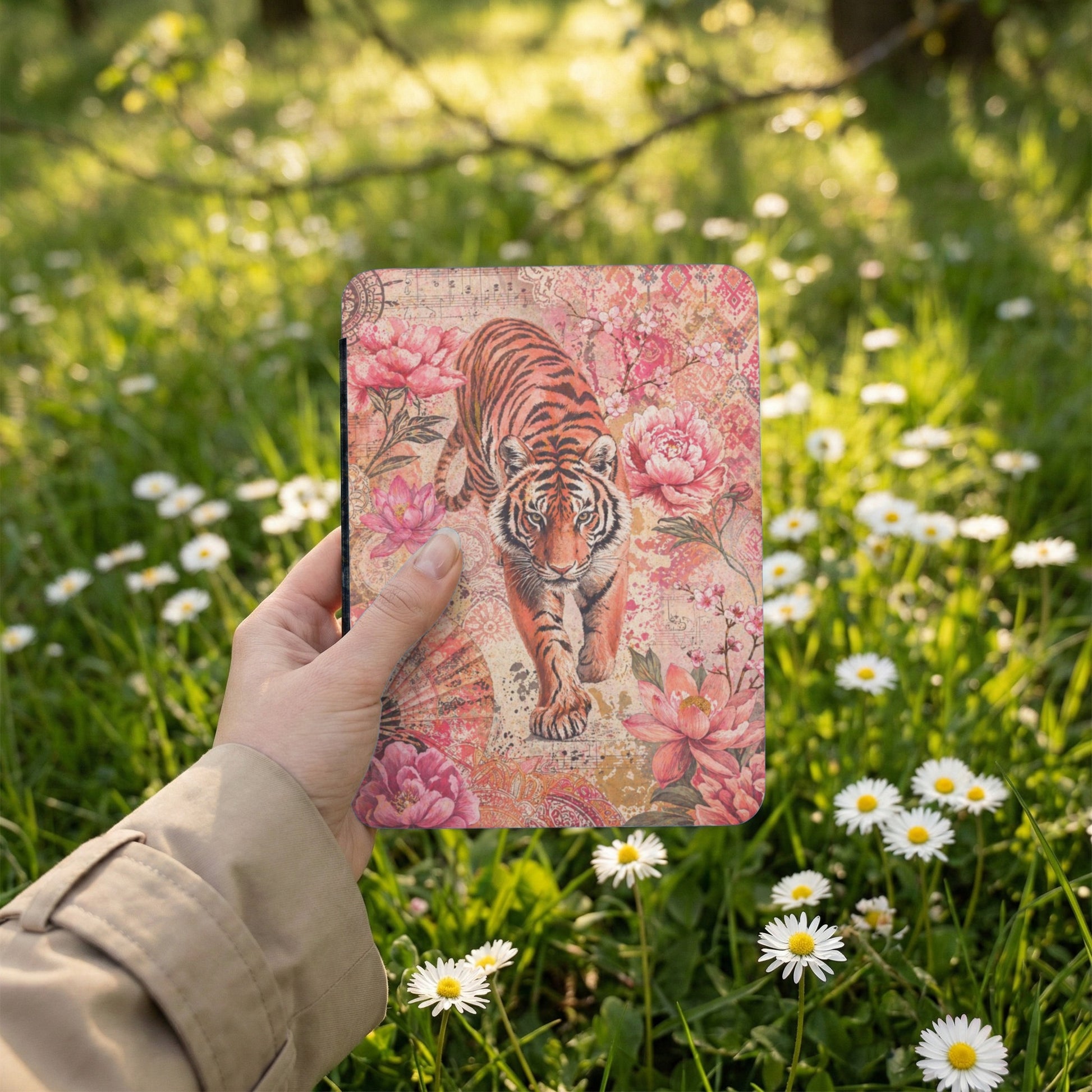 Tiger with floral pattern on a cover held in a hand, surrounded by daisies.