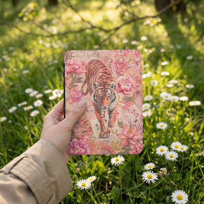 Tiger with floral pattern on a cover held in a hand, surrounded by daisies.