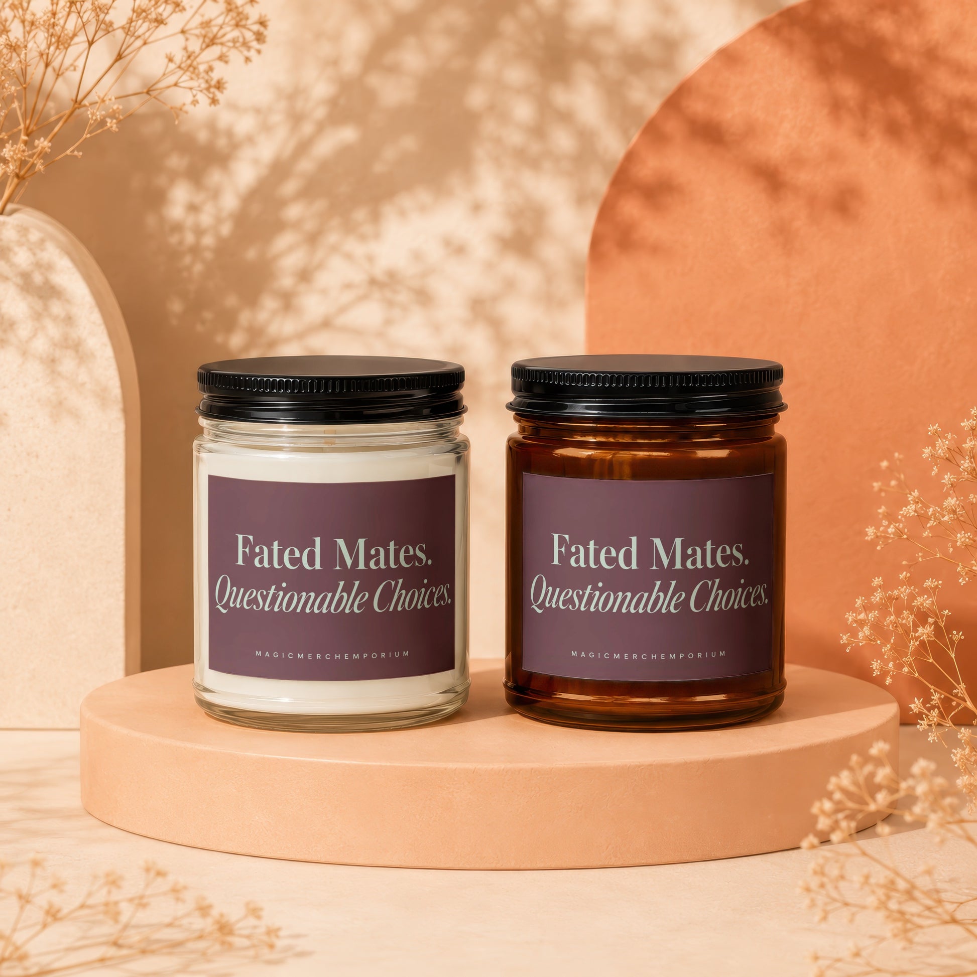 Two candles with labels reading "Fated Mates. Questionable Choices."