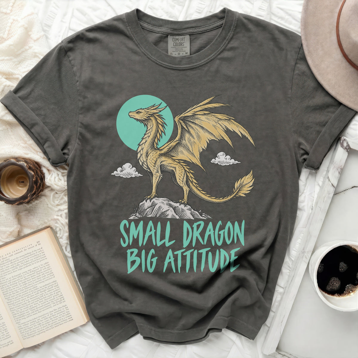 Dark grey t-shirt with a gold dragon and "Small Dragon Big Attitude" text.