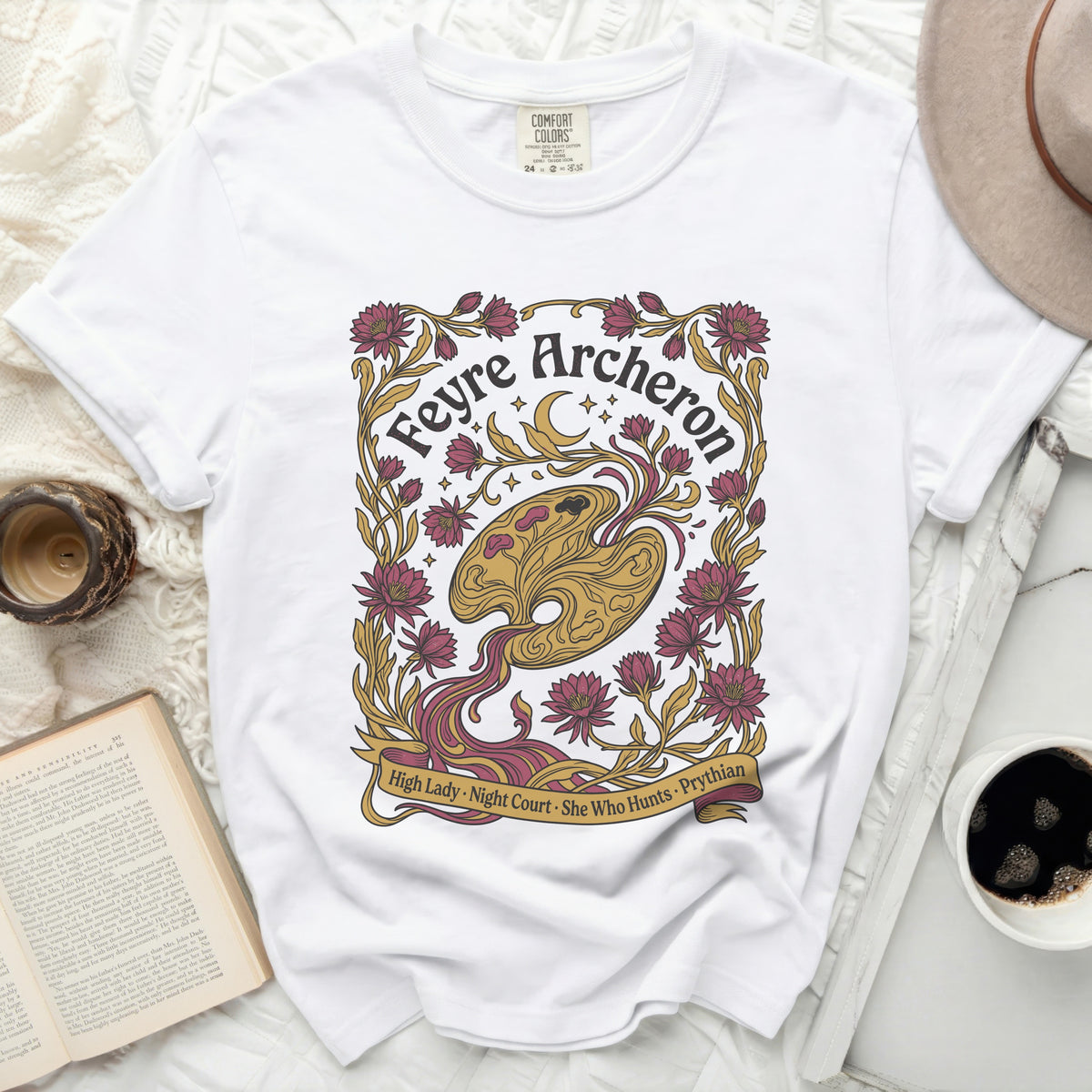 White t-shirt with Feyre Archeron floral design and text.