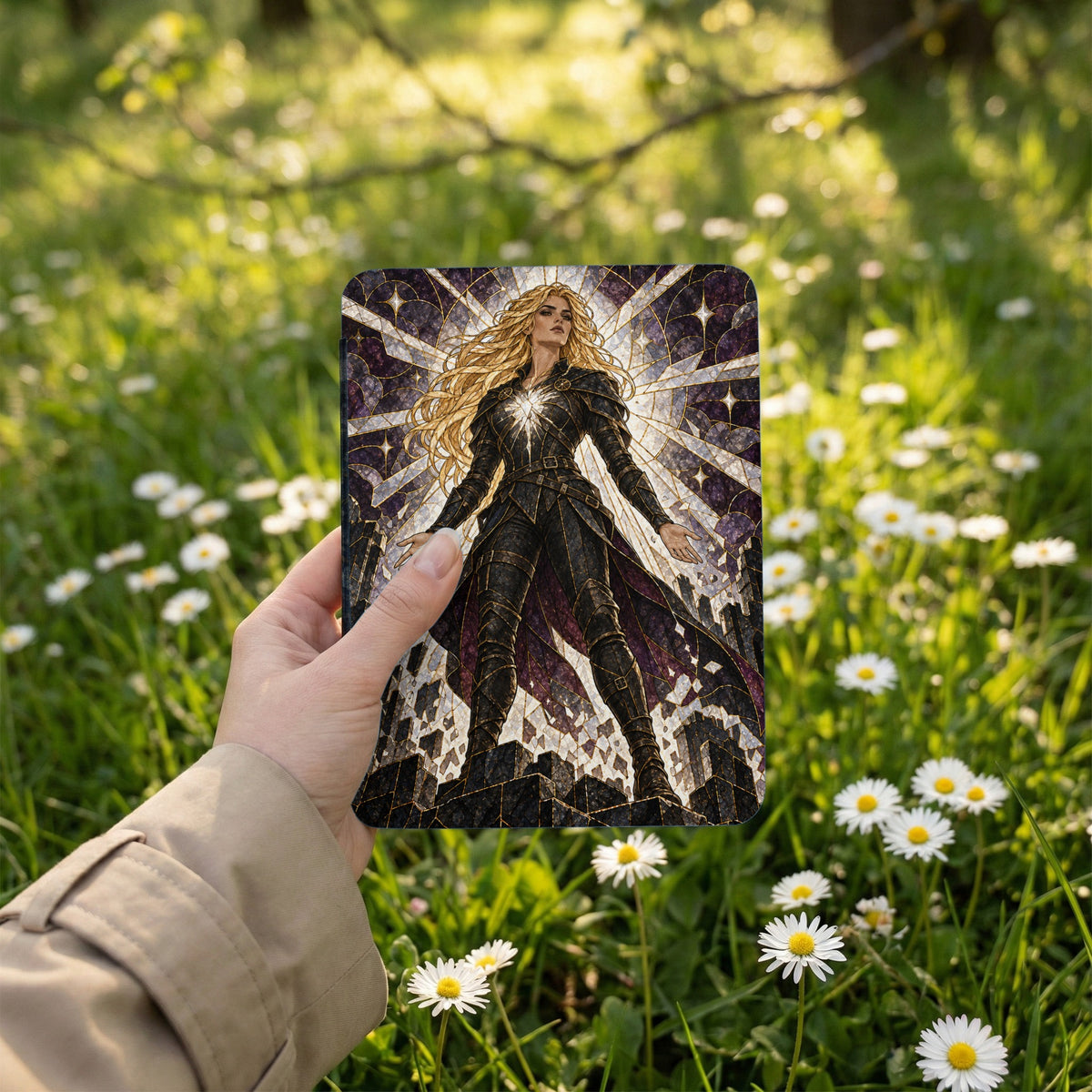 Artwork of a blonde warrior in armor against a stained-glass background.