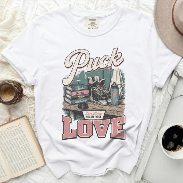 Puck Love Vintage Hockey Story Tee in White