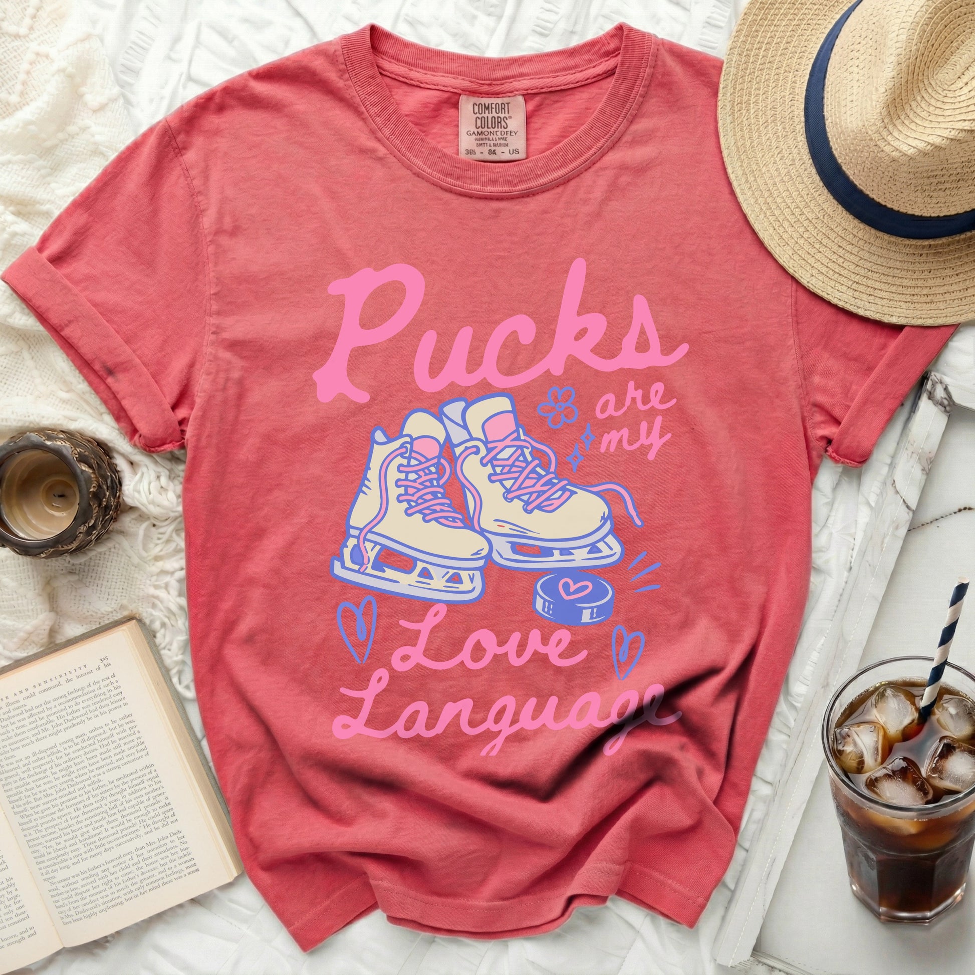 T-shirt with ice skates and text "Pucks are my Love Language."
