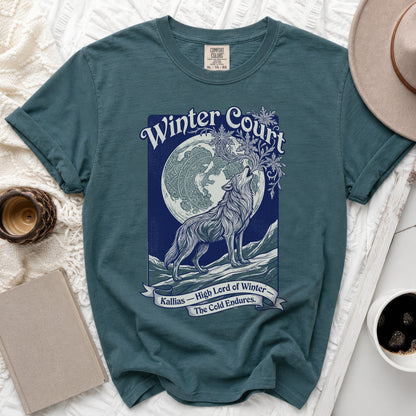 Teal t-shirt with "Winter Court," a wolf howling at the moon, and "Kallias - High Lord of Winter" text.