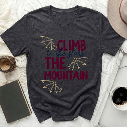 CLIMB to the stars THE MOUNTAIN design t-shirt product type
T-shirt
Graphic Tee
Mountain Print
Stars Design
Inspirational Shirt
Motivational Top
Adventure Apparel
Fantasy Wings
Bat Wings
Dark Gray Tee
Quote Shirt
Unique Graphic
Casual Wear
Nature Theme
Explore Life
Dream Chaser
Outdoors Enthusiast
Maroon Text
Gold Outline
Comfort Fit
