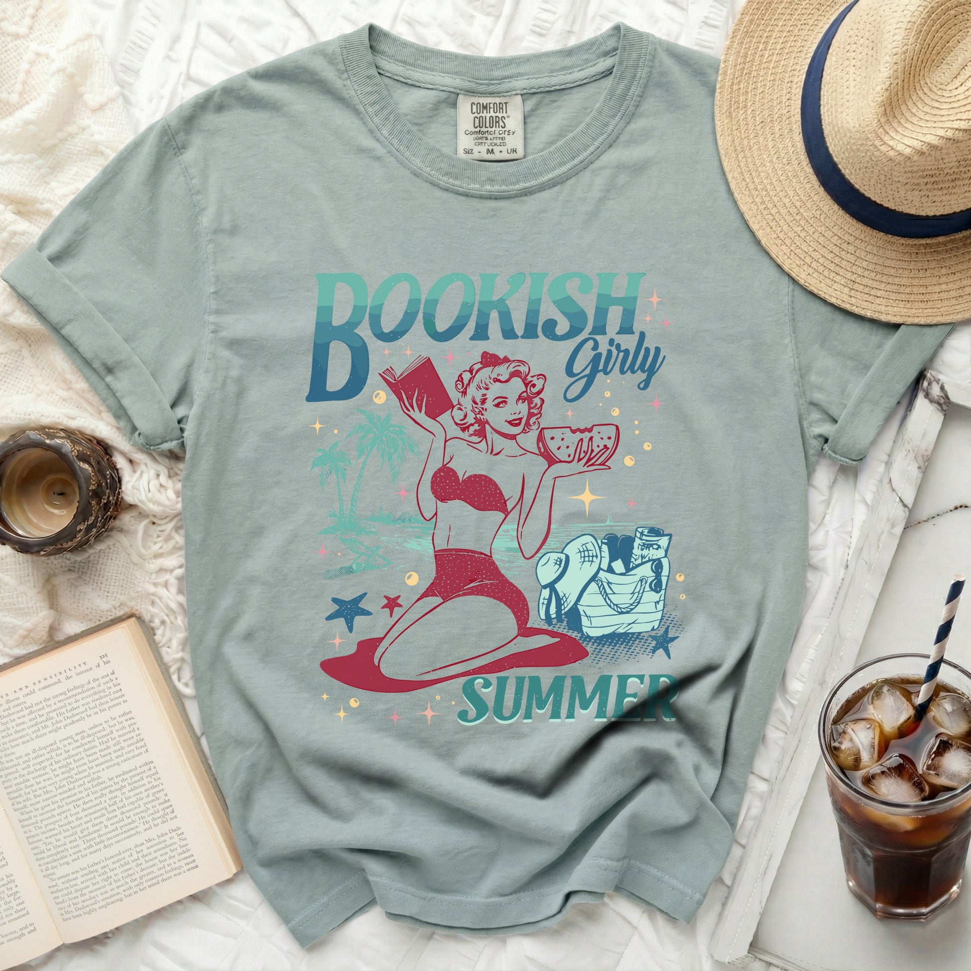 T-shirt with "Bookish Girly Summer" text and a retro illustration.