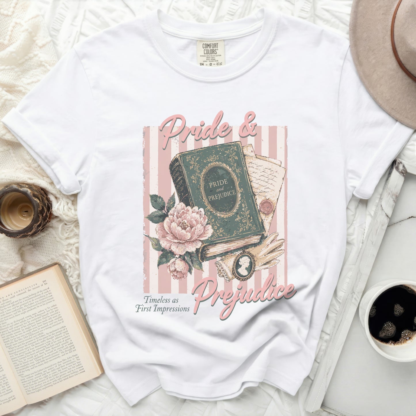 White t-shirt with Jane Austen's "Pride and Prejudice" book art.