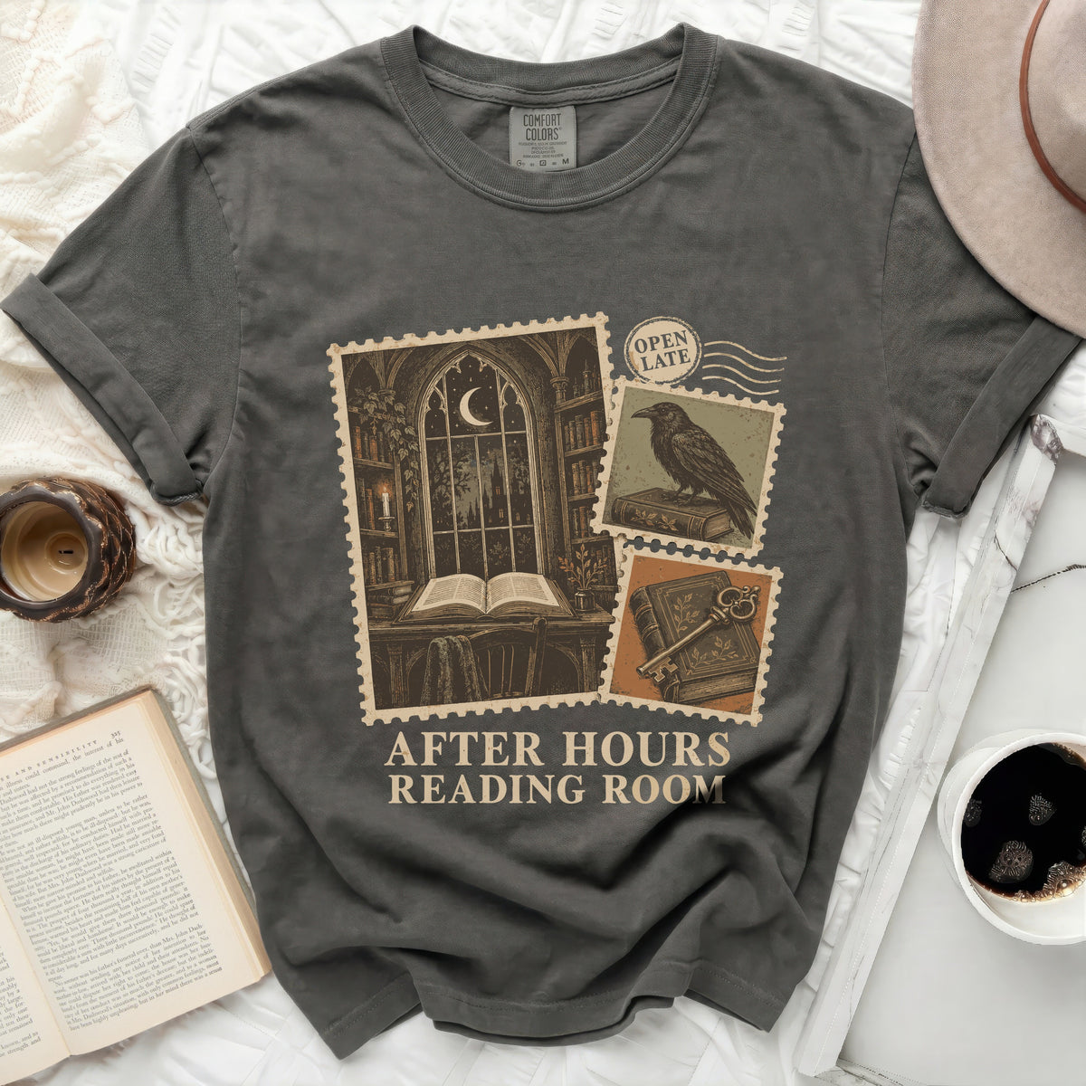 Dark gray t-shirt with "After Hours Reading Room" and vintage stamp graphics.