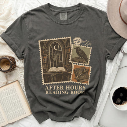 Dark gray t-shirt with "After Hours Reading Room" and vintage stamp graphics.
