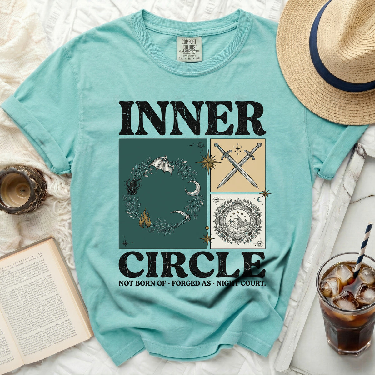 Teal Comfort Colors t-shirt with "INNER CIRCLE NOT BORN OF FORGED AS NIGHT COURT." graphic.