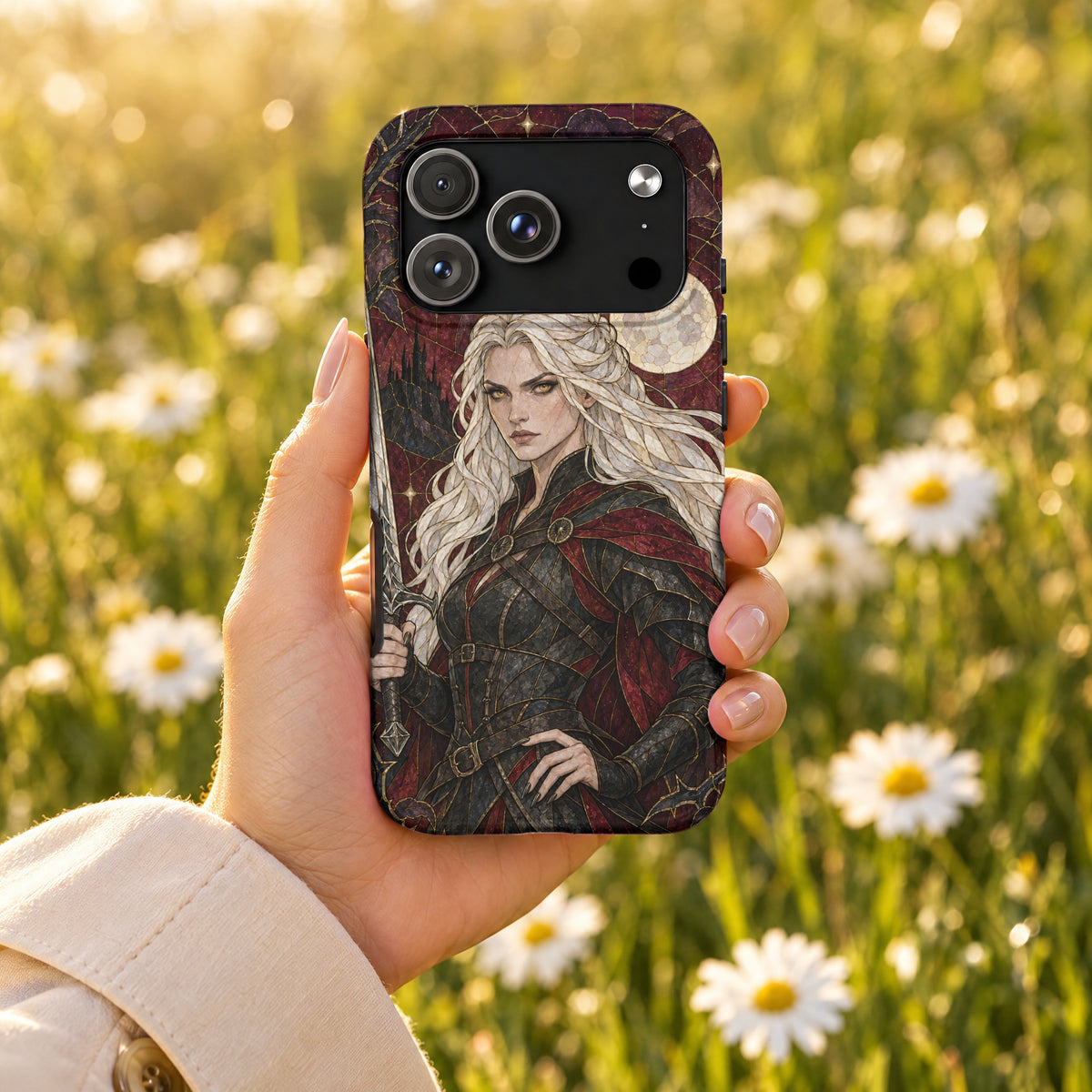 A hand holds a smartphone featuring a fantasy illustration of a warrior woman with a sword.
