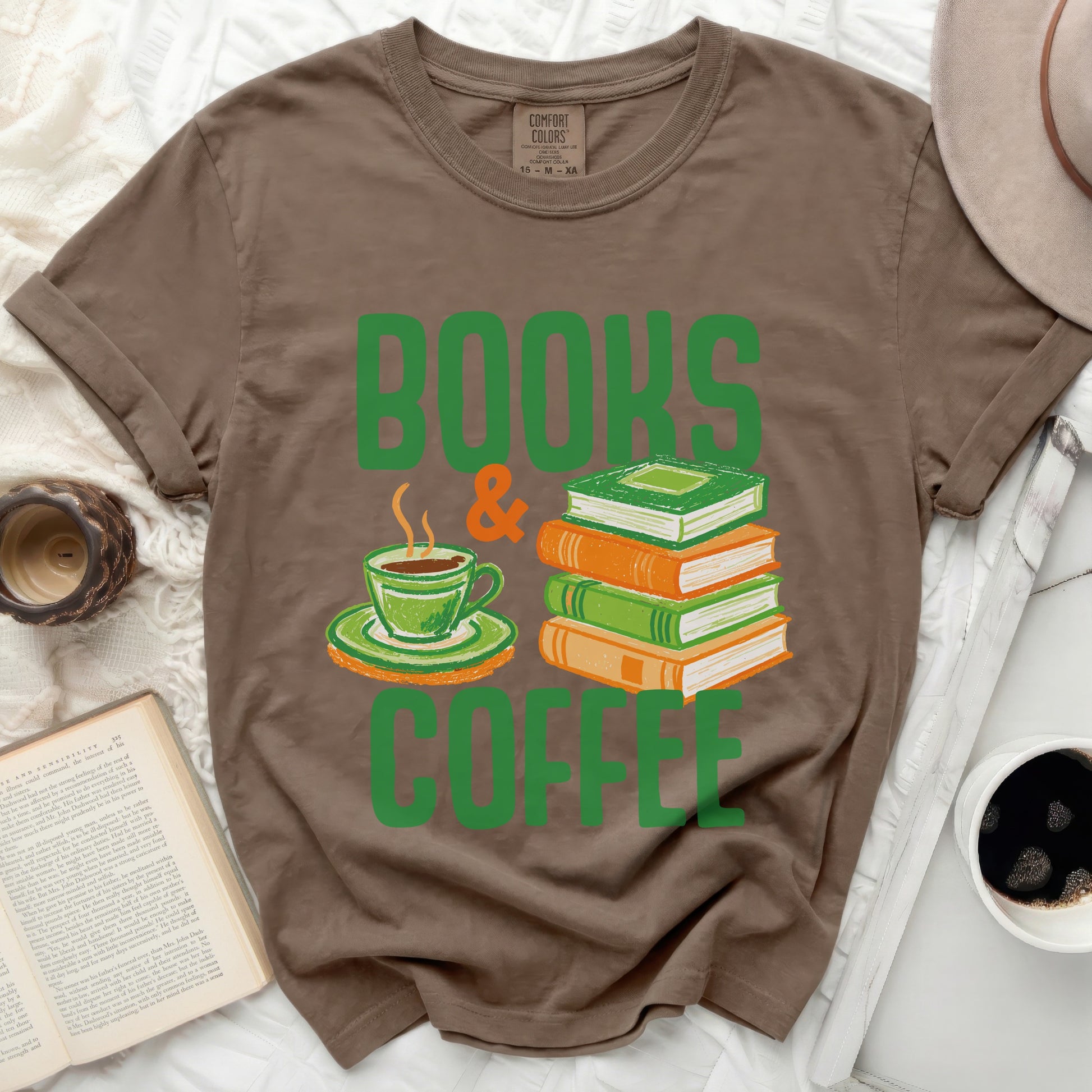 Brown t-shirt with green text "BOOKS & COFFEE" and stacked books.